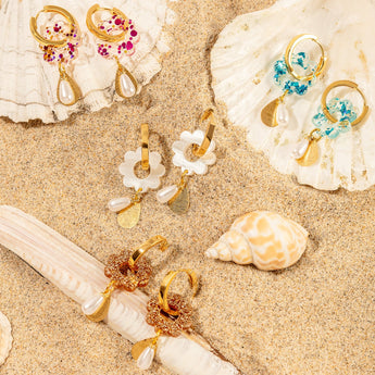 18 K Gold Plated Hoop Earrings With Flower Charm And Pearl Drop With Brass Charm