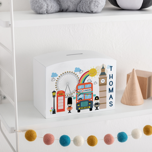 Personalised London Bus Themed Money Pot Piggy Bank
