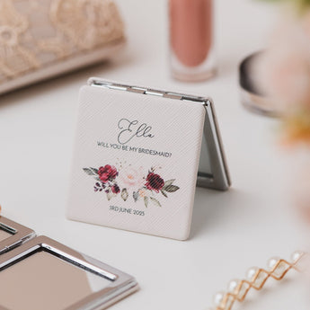 Personalised Square Compact Mirror | Burgundy Flowers Luxury Pocket Mirror With Message and Name | Wedding Gift | Bride To Be | Wife