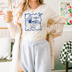Coffee First T Shirt With French Press And Croissant Illustration