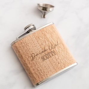 Engraved Wood Drink Up Personalised Hip Flask