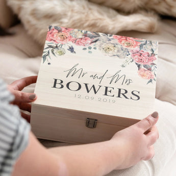 Peony Wedding Couples Keepsake Wooden Gift Box - Funky Laser