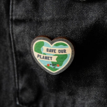 Save Our Planet Wooden Heart Pin