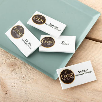Custom Printed White Acrylic Branded Badges - Funky Laser