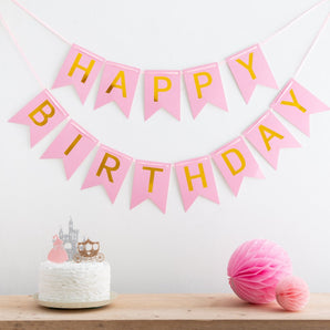 HAPPY BIRTHDAY FLAG BUNTING IN GOLD & PINK - Funky Laser