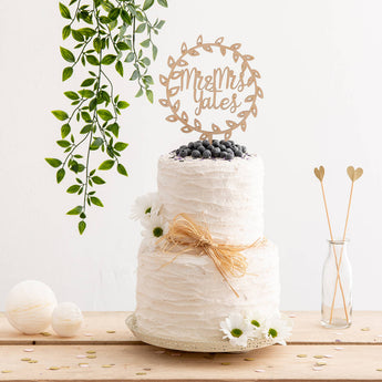 Rustic Mr And Mrs Surname Wreath Style Cake Topper - Funky Laser