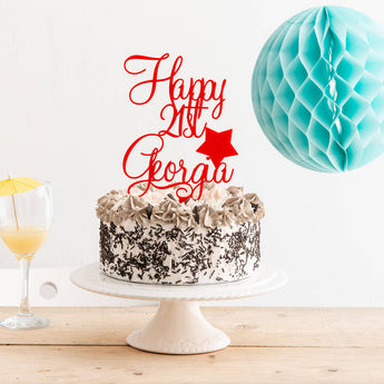 Personalised Happy Birthday Name and Age With Star Detailing Cake Topper