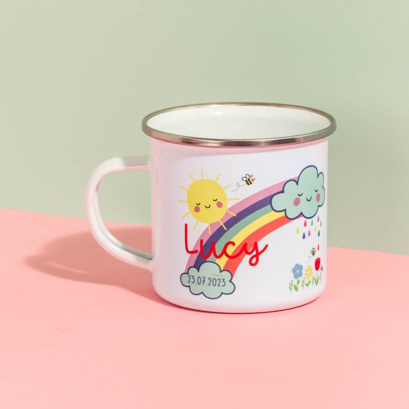 Personalised Children's Rainbow And Clouds Enamel Mug