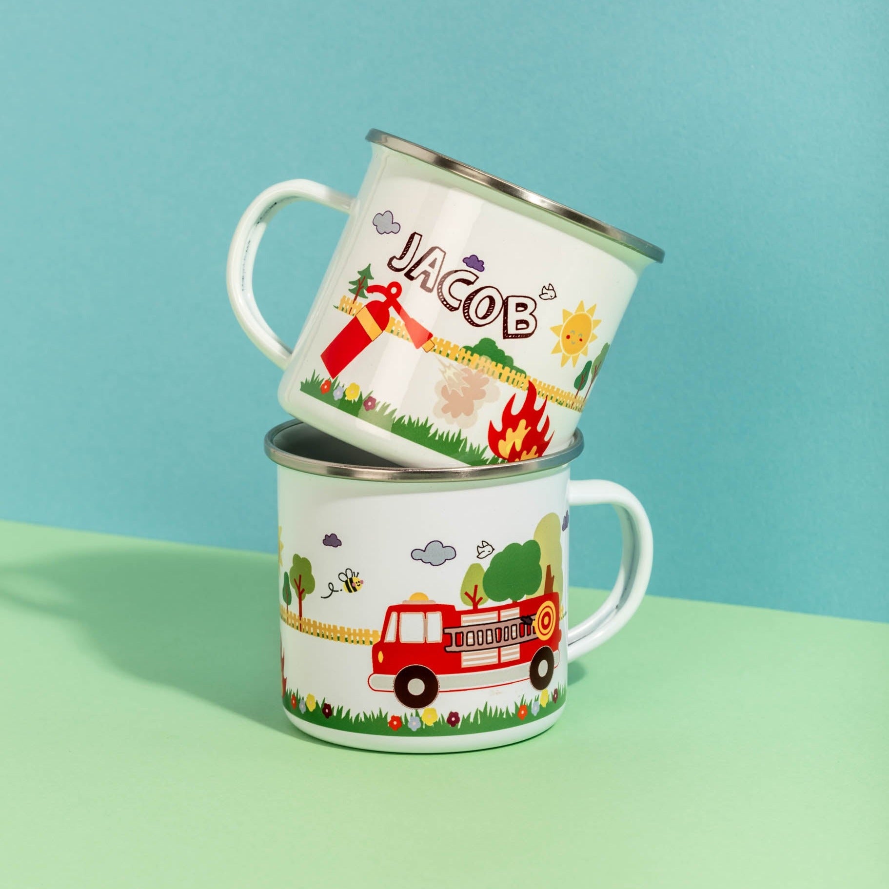 Personalised Children's Fire Truck Themed Enamel Mug