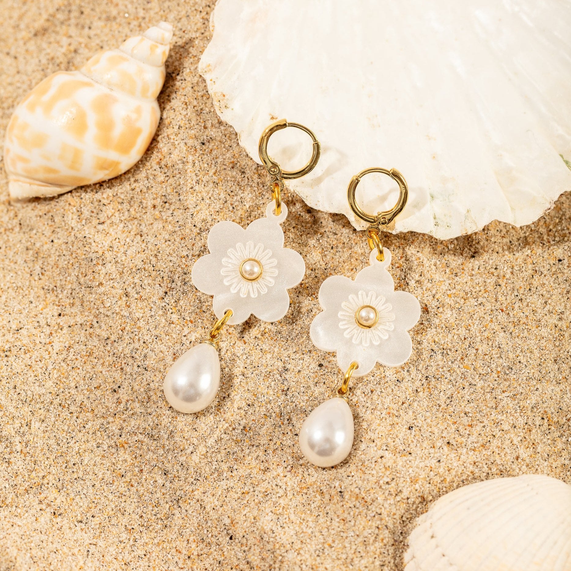 18K Gold Plated Earrings with Teardrop Pearl, Flower, and Huggie Hoops