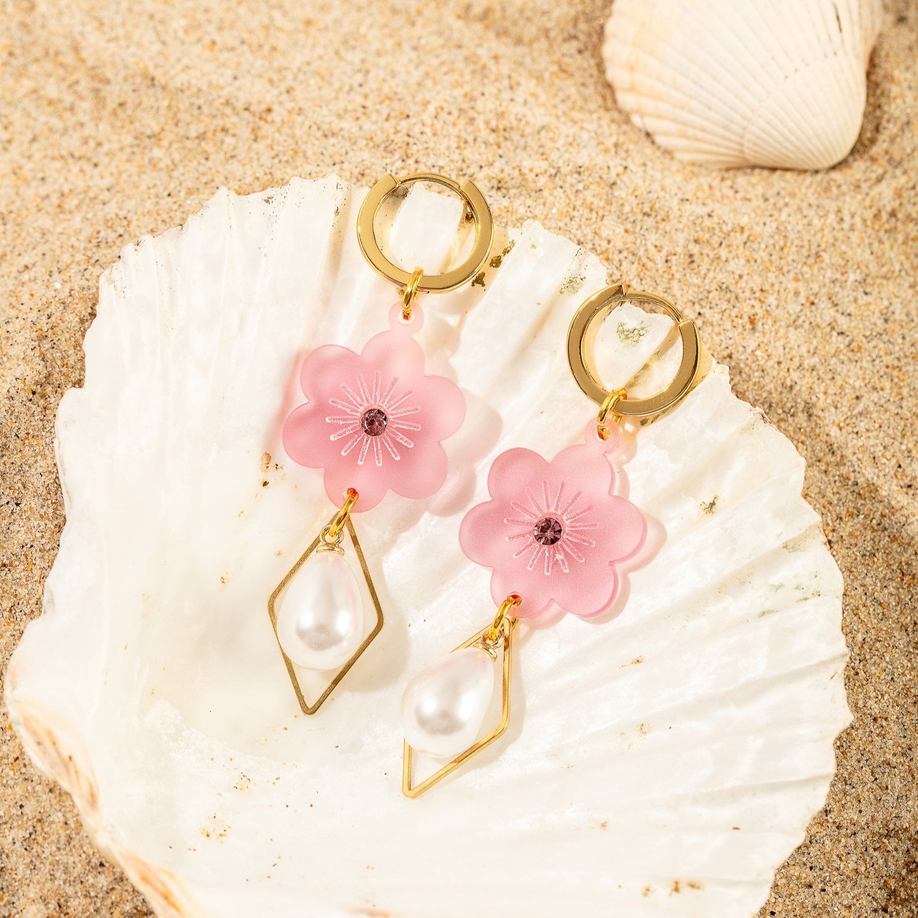 18K Gold-Plated Micro Huggie Earring with Pearl Drop, Flower, and Gemstone