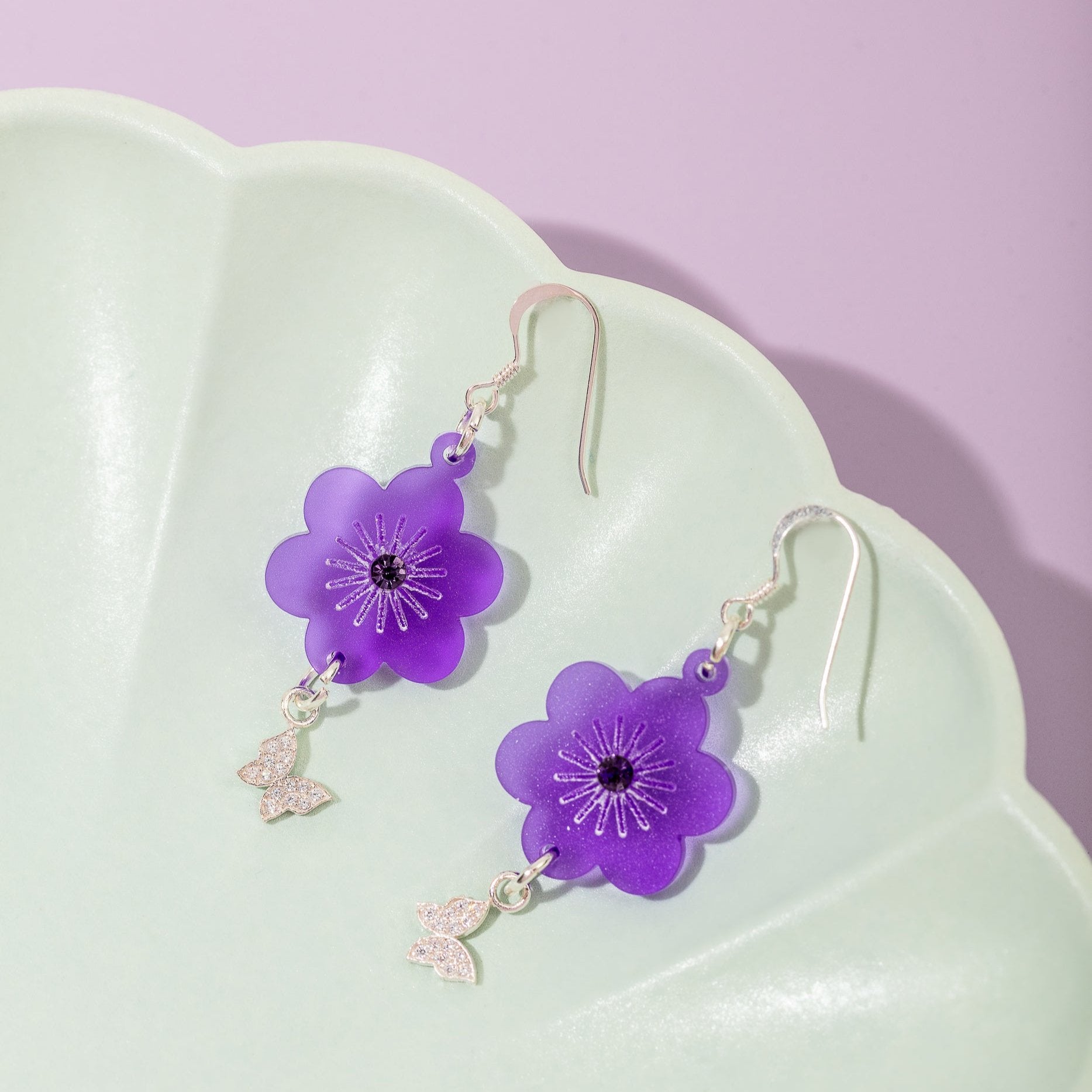 Flower Fish Hook Earrings with Butterfly and Gemstone Sterling Silver