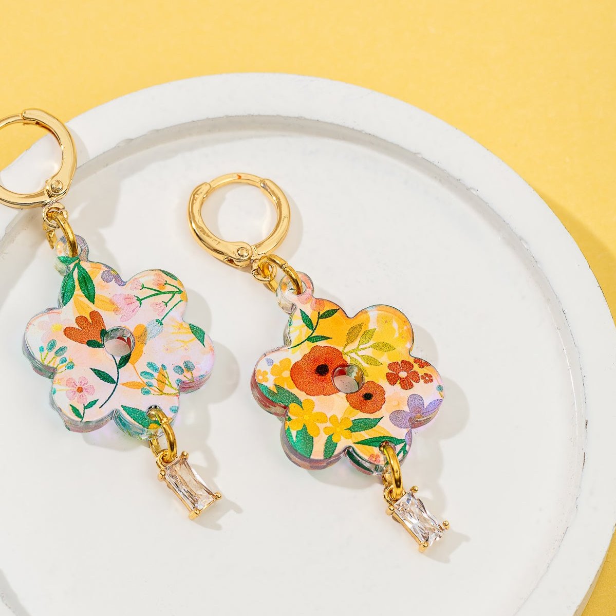 18K Gold-plated Huggie Earrings with iridescent summer flowers and a hanging gemstone