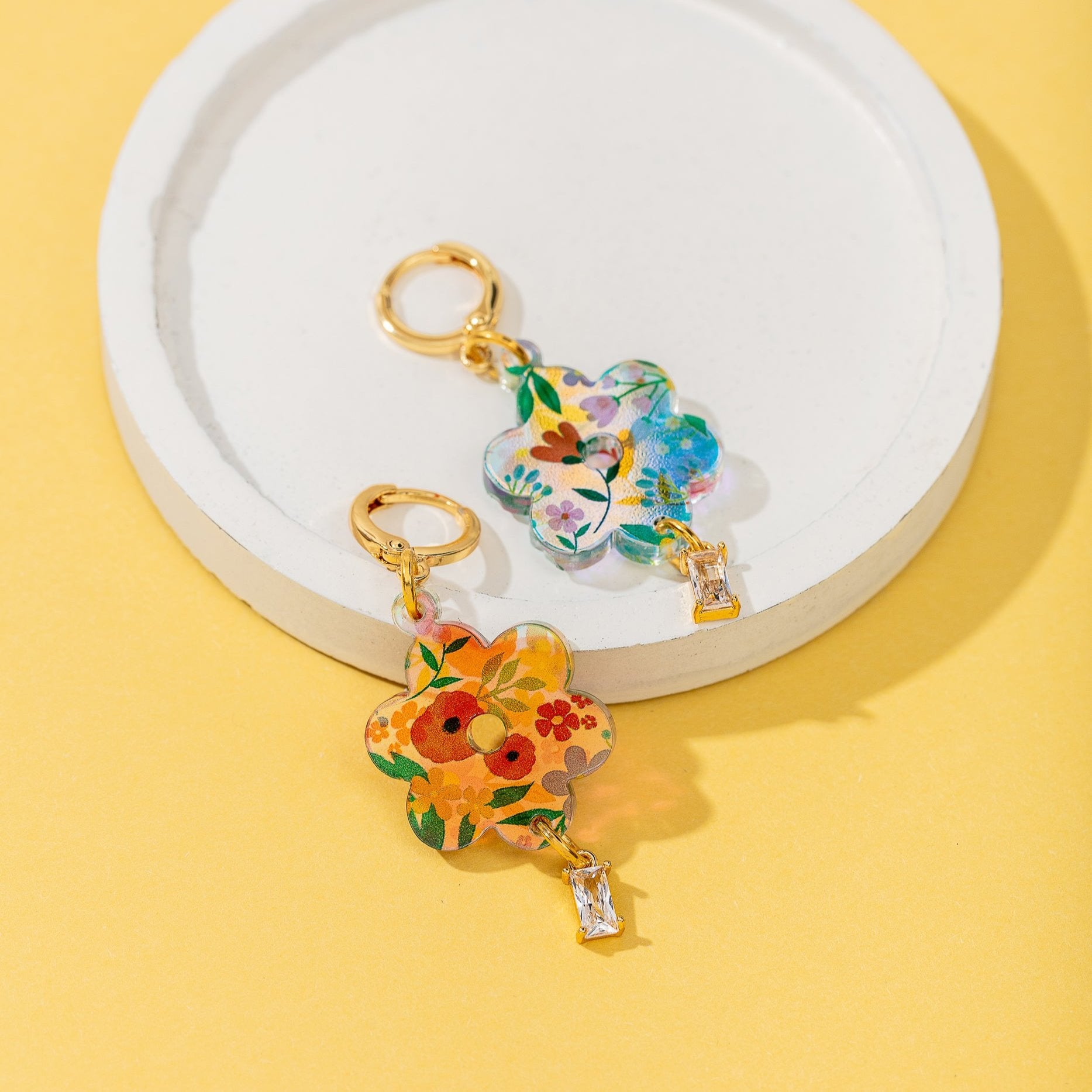 18K Gold-plated Huggie Earrings with iridescent summer flowers and a hanging gemstone