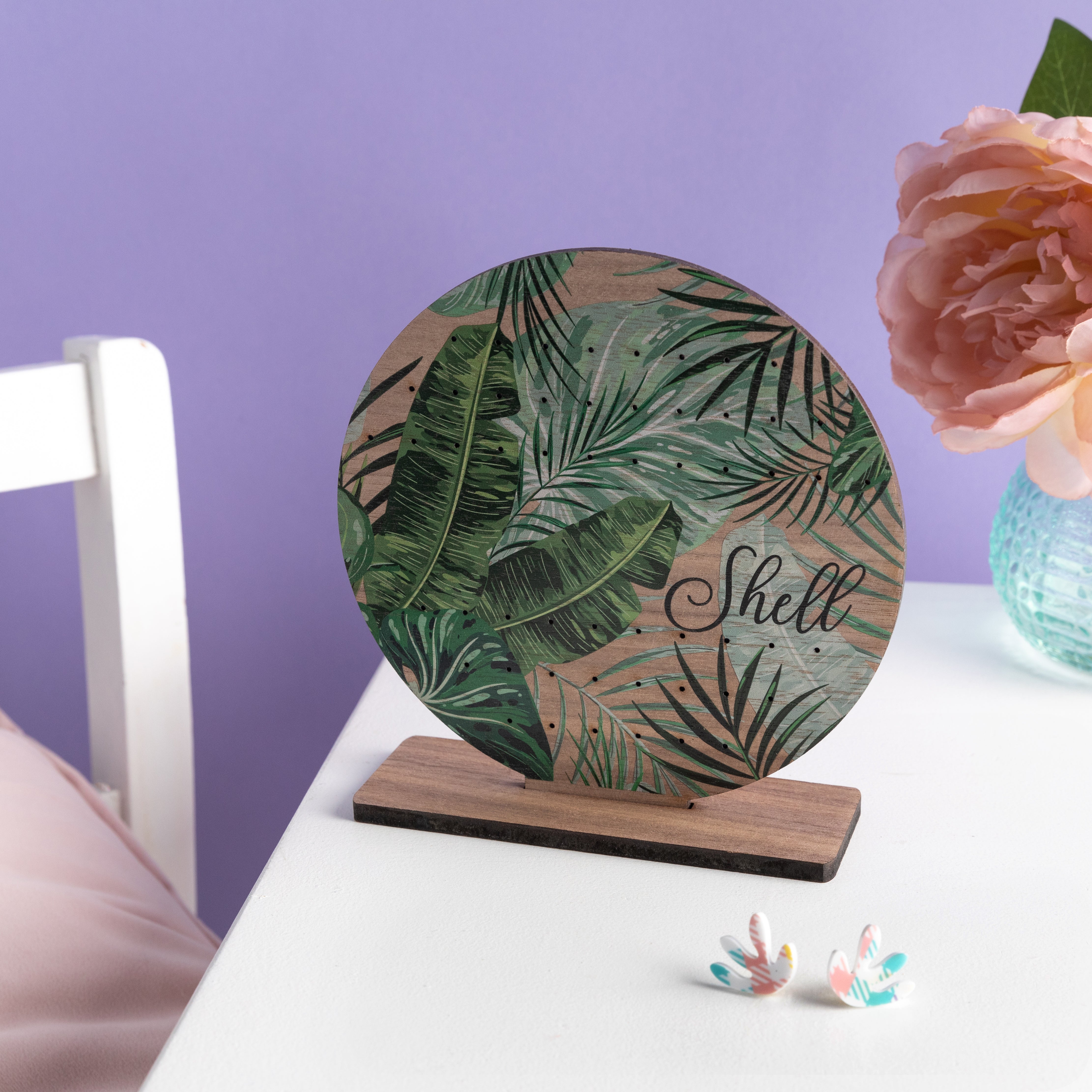 Personalised Round Walnut Wood Tropical Earring Stand