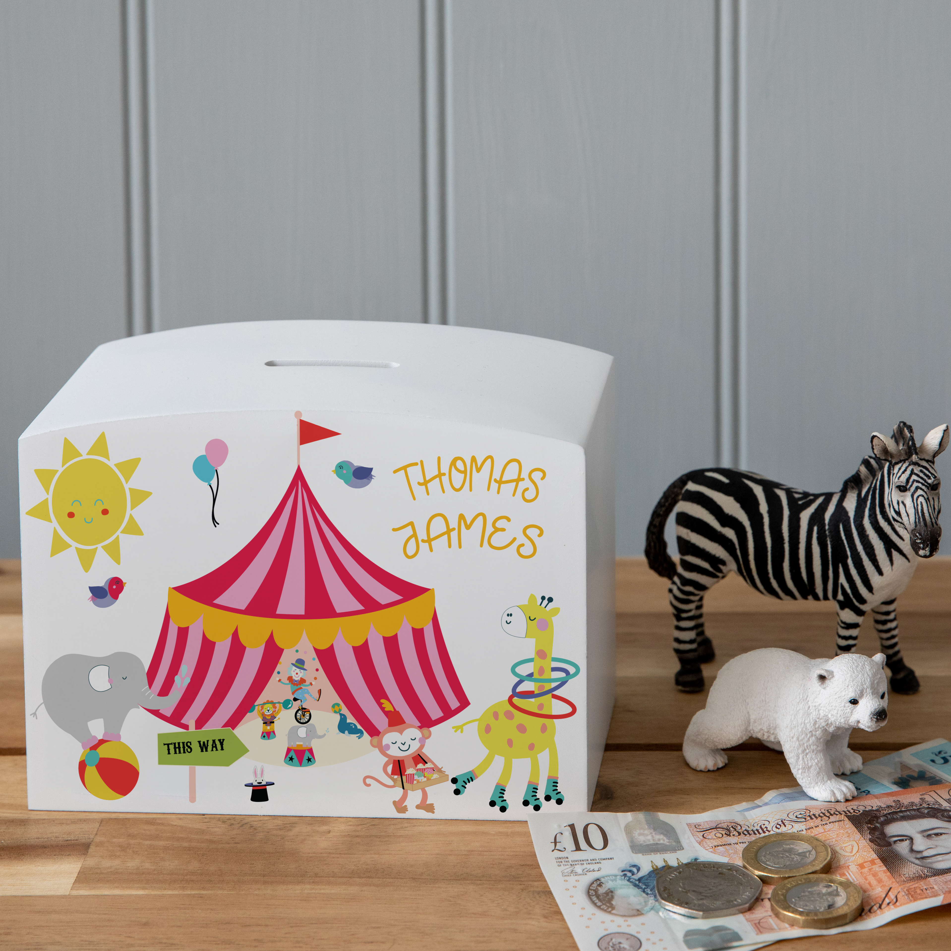 Personalised Circus Themed Money Pot Piggy Bank
