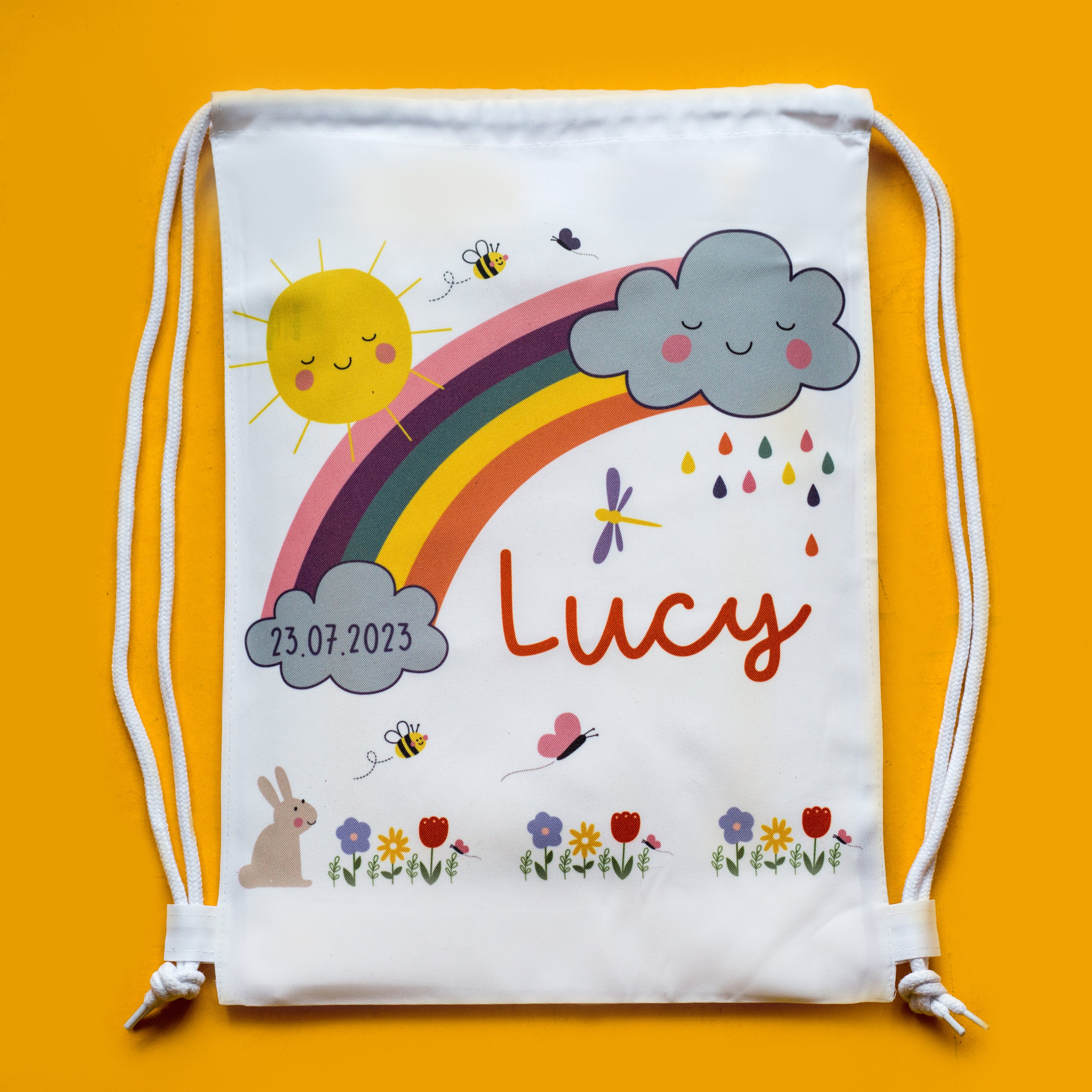 Rainbow And Clouds Themed Personalised Toy Bag