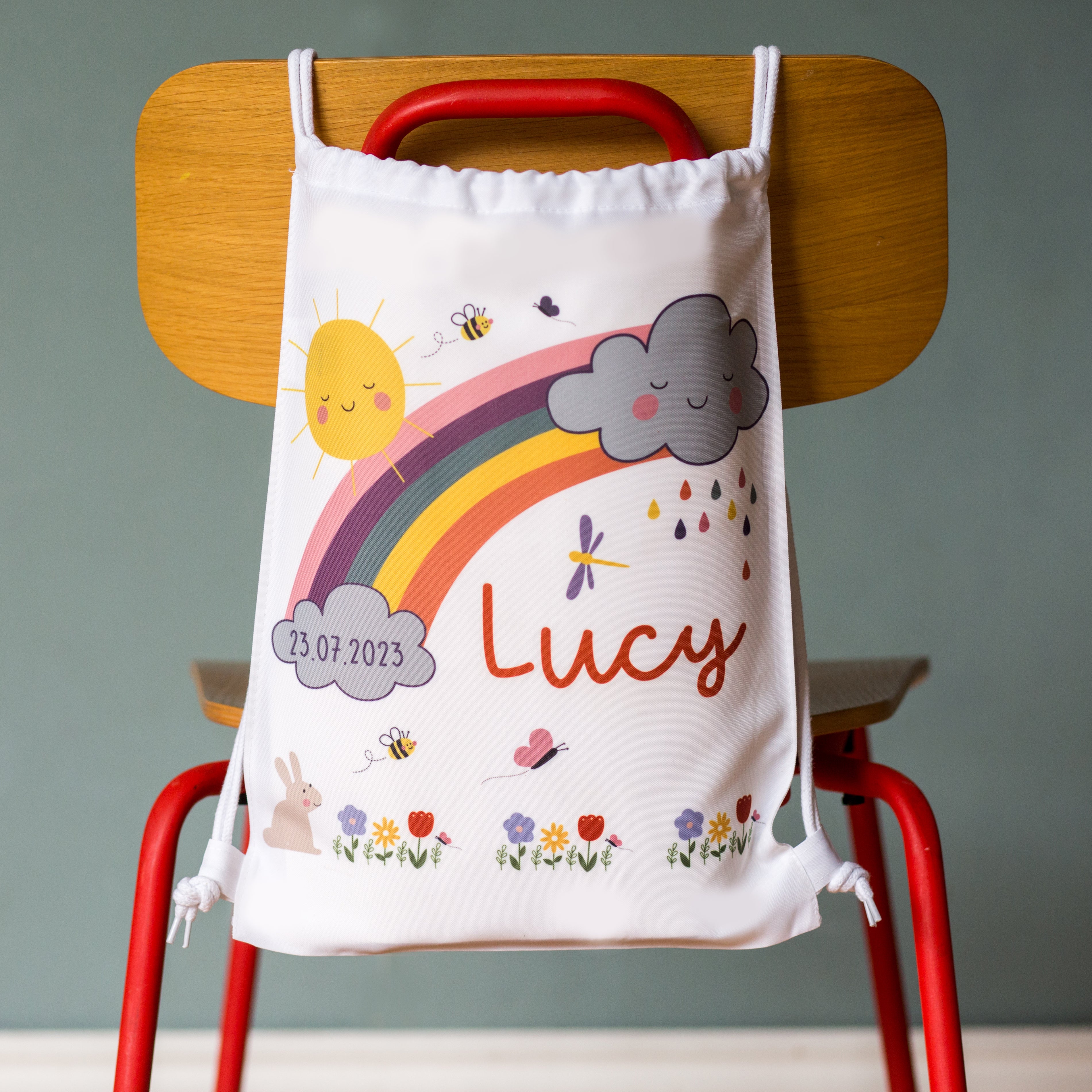 Rainbow And Clouds Themed Personalised Toy Bag