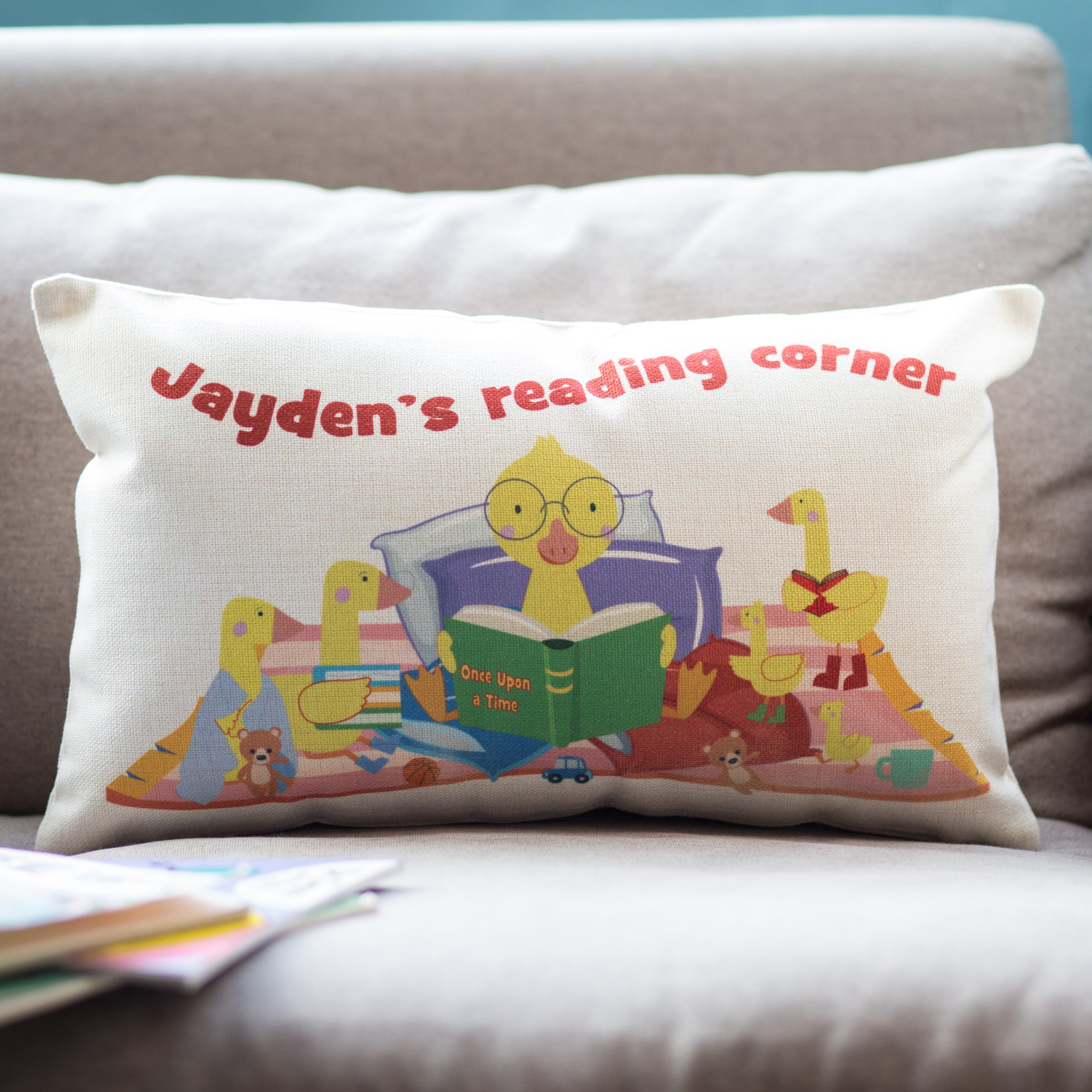 Reading Corner Duck Illustration Personalised Cushion