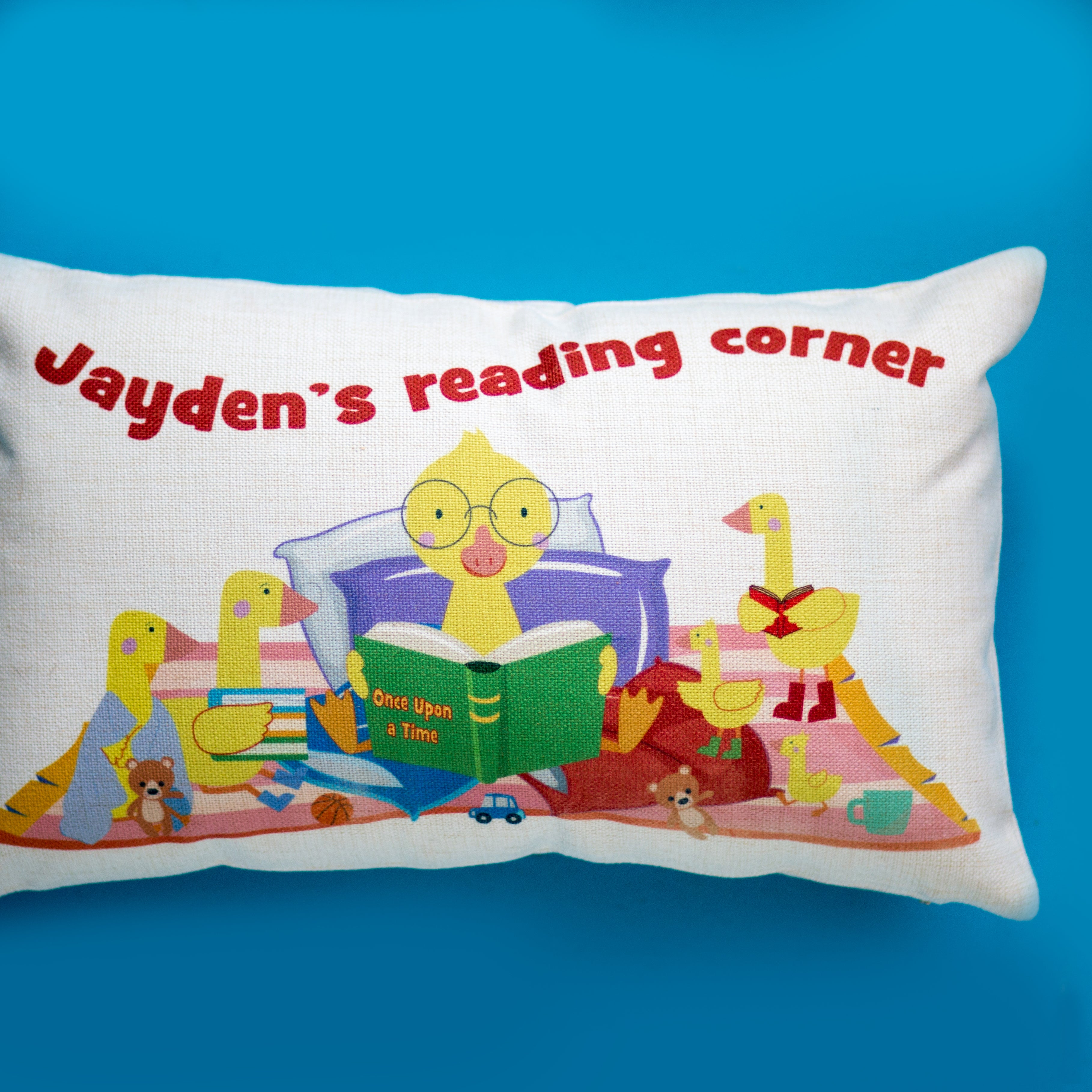 Reading Corner Duck Illustration Personalised Cushion