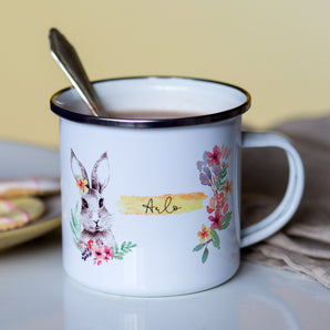 Personalised Woodland Rabbit Enamel Camping Mug – Custom Children’s Gift