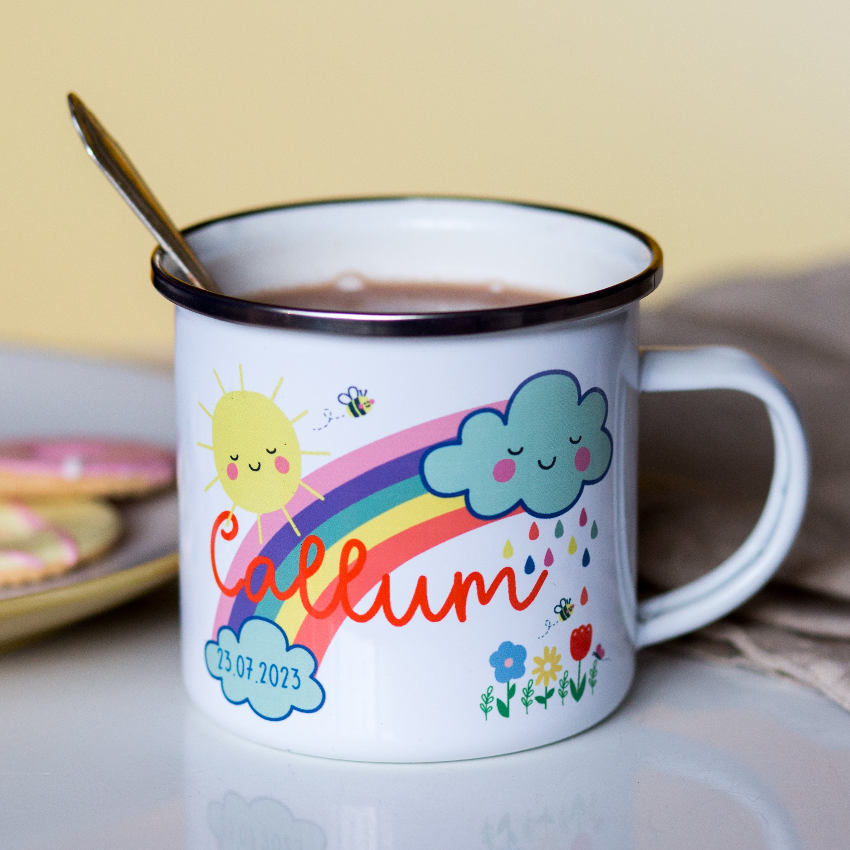 Personalised Children's Rainbow And Clouds Enamel Mug