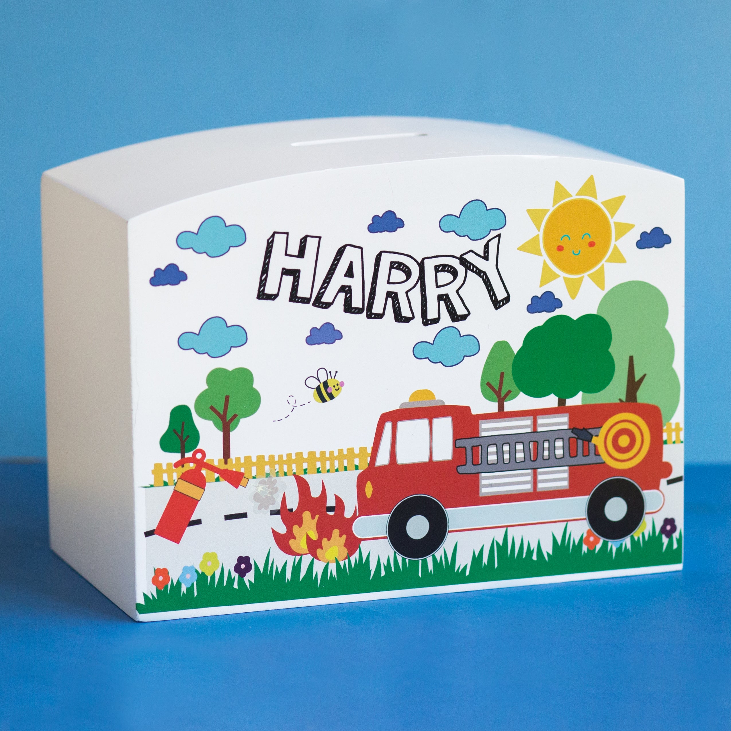 Personalised Fire Truck Themed Money Pot Piggy Bank