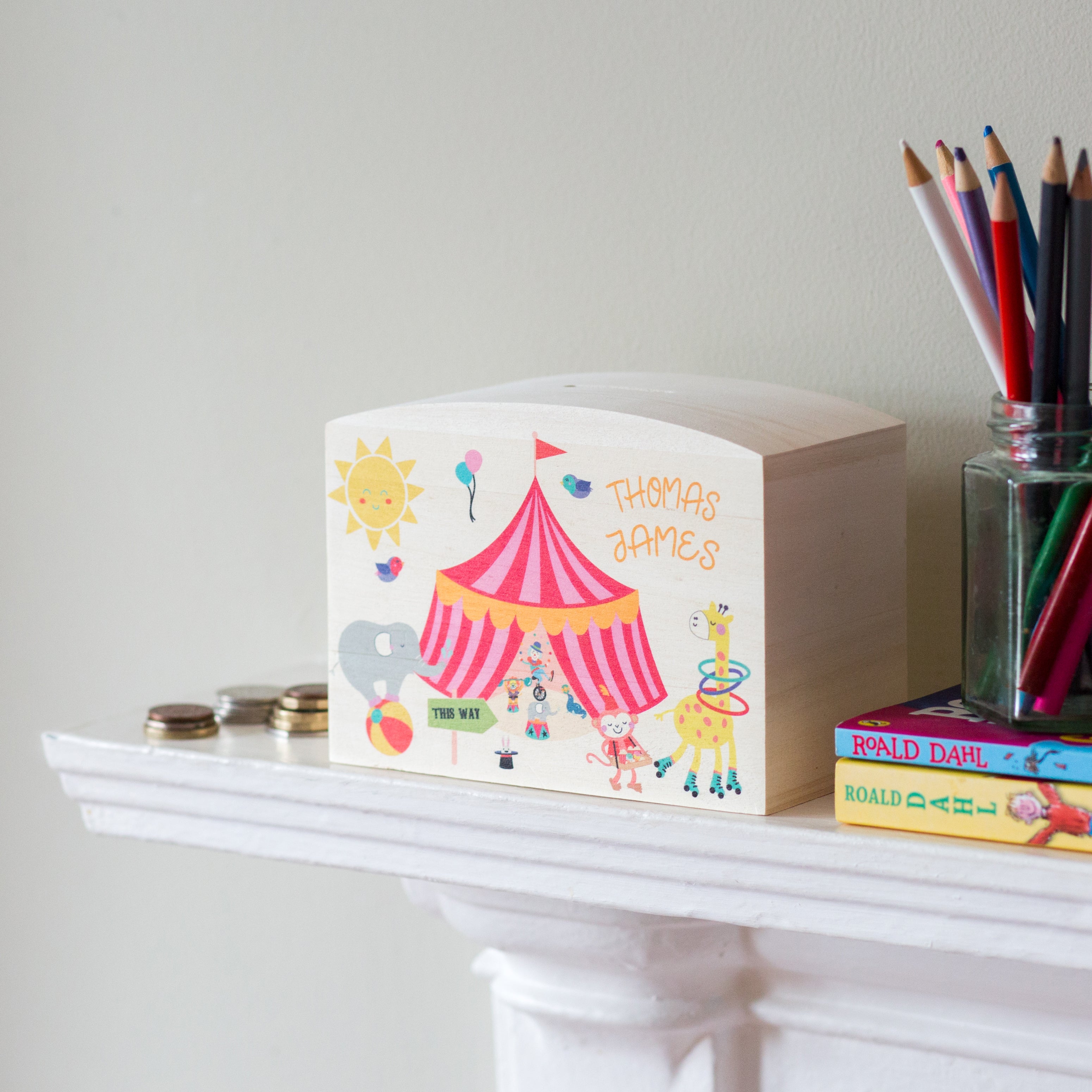 Personalised Circus Themed Money Pot Piggy Bank
