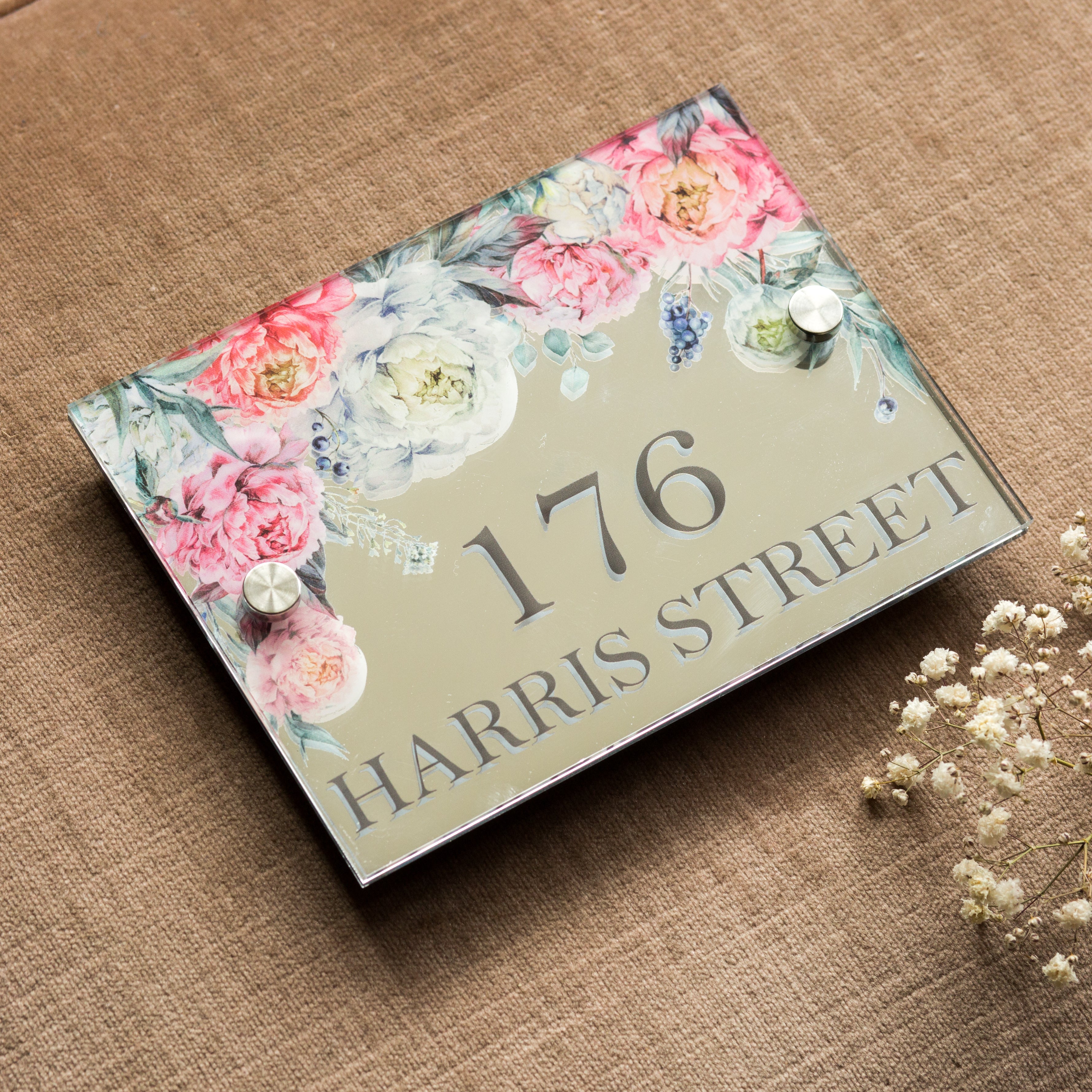 Personalised Mirrored Pink Peony House Door Number Sign