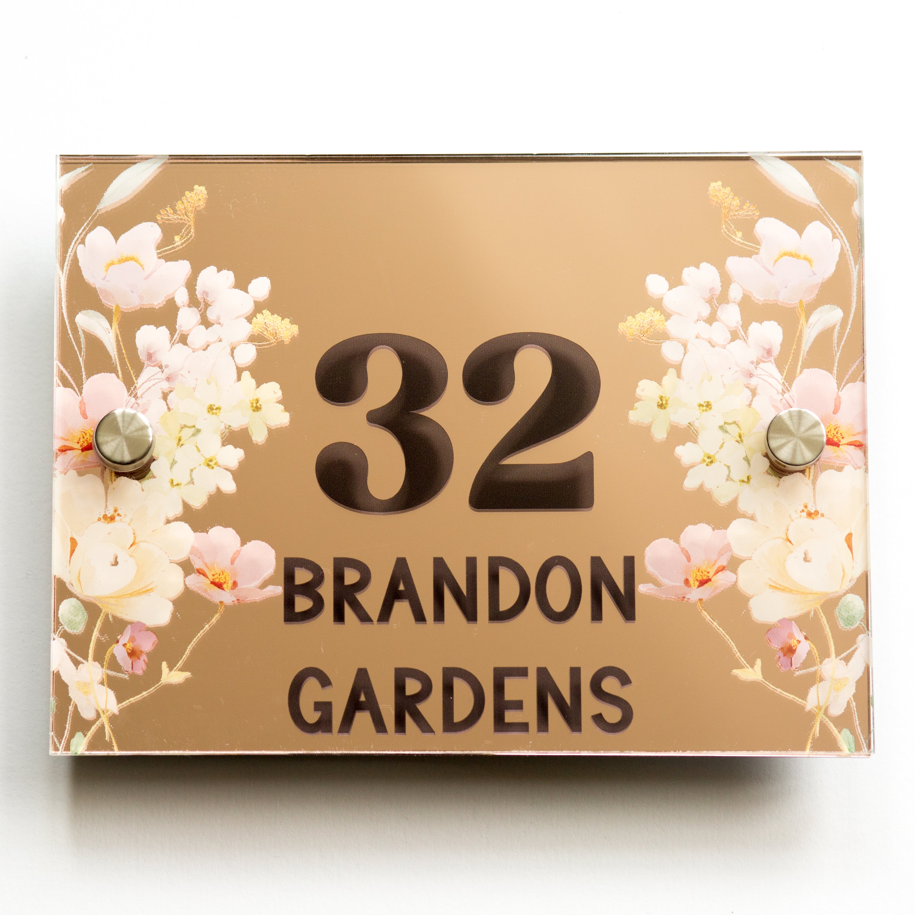Personalised Mirrored Dusky Pink Flowers House Plaque