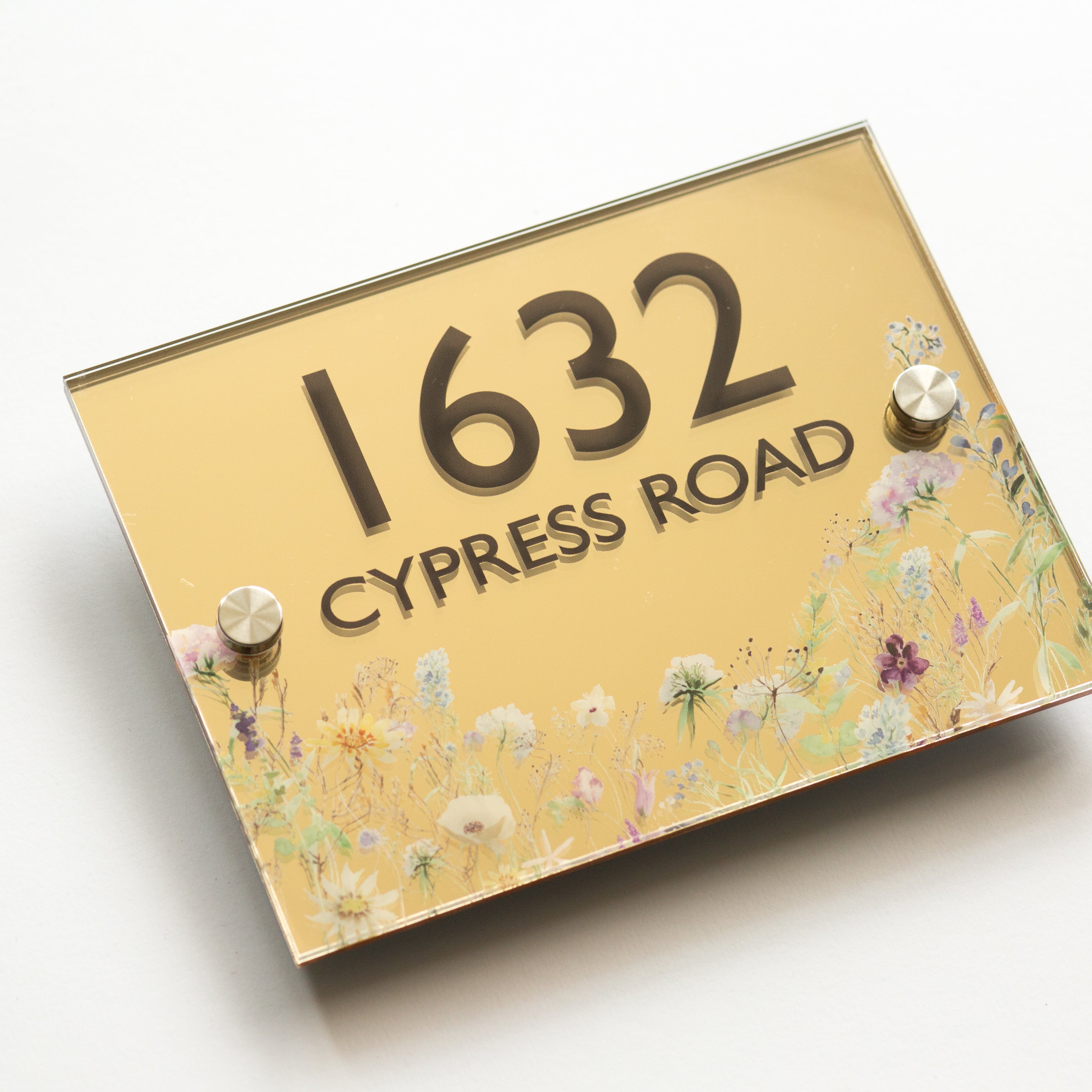 Personalised Mirrored Wild Flowers House Number Plaque