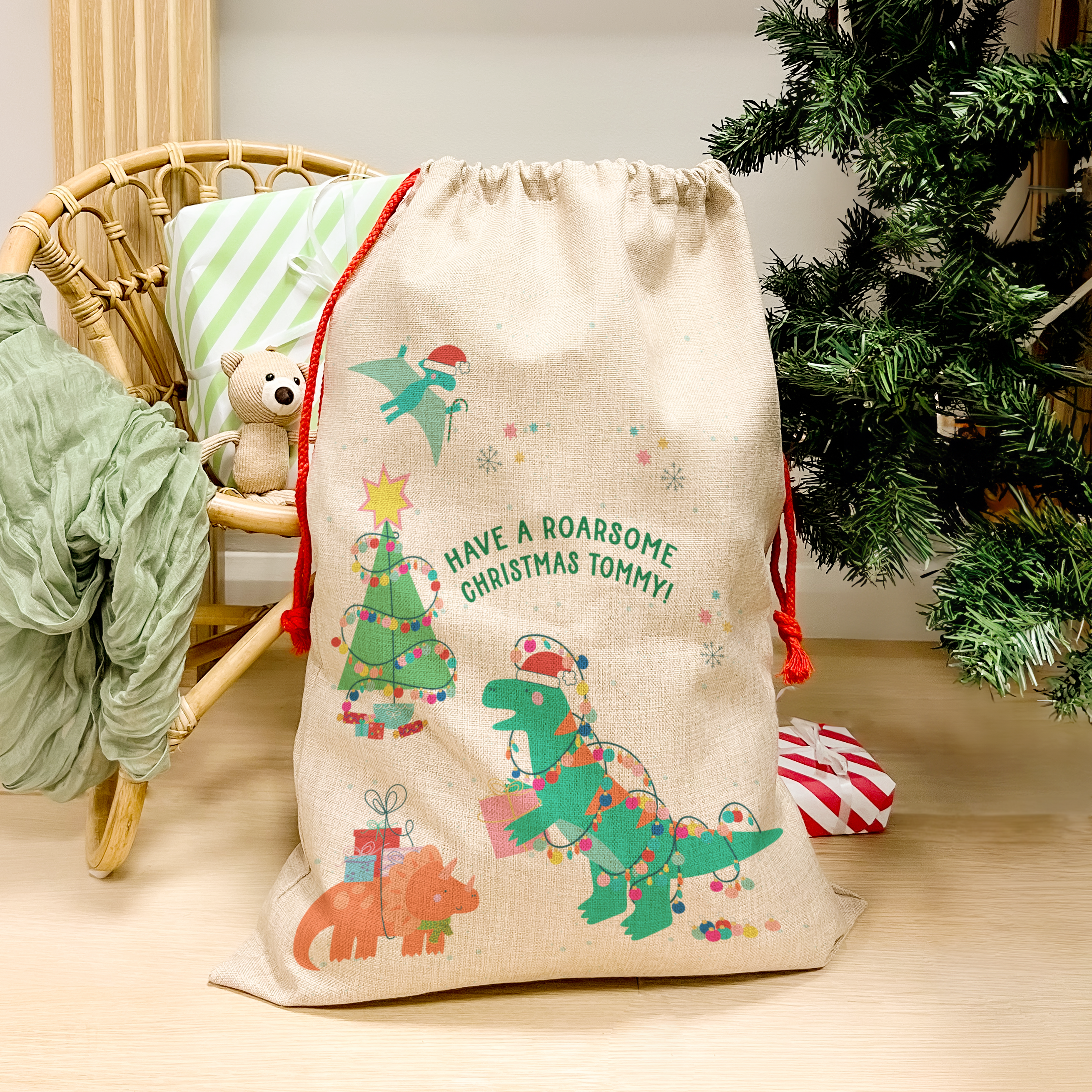 Personalised T-Rex Dinosaur And Friends Christmas Sack