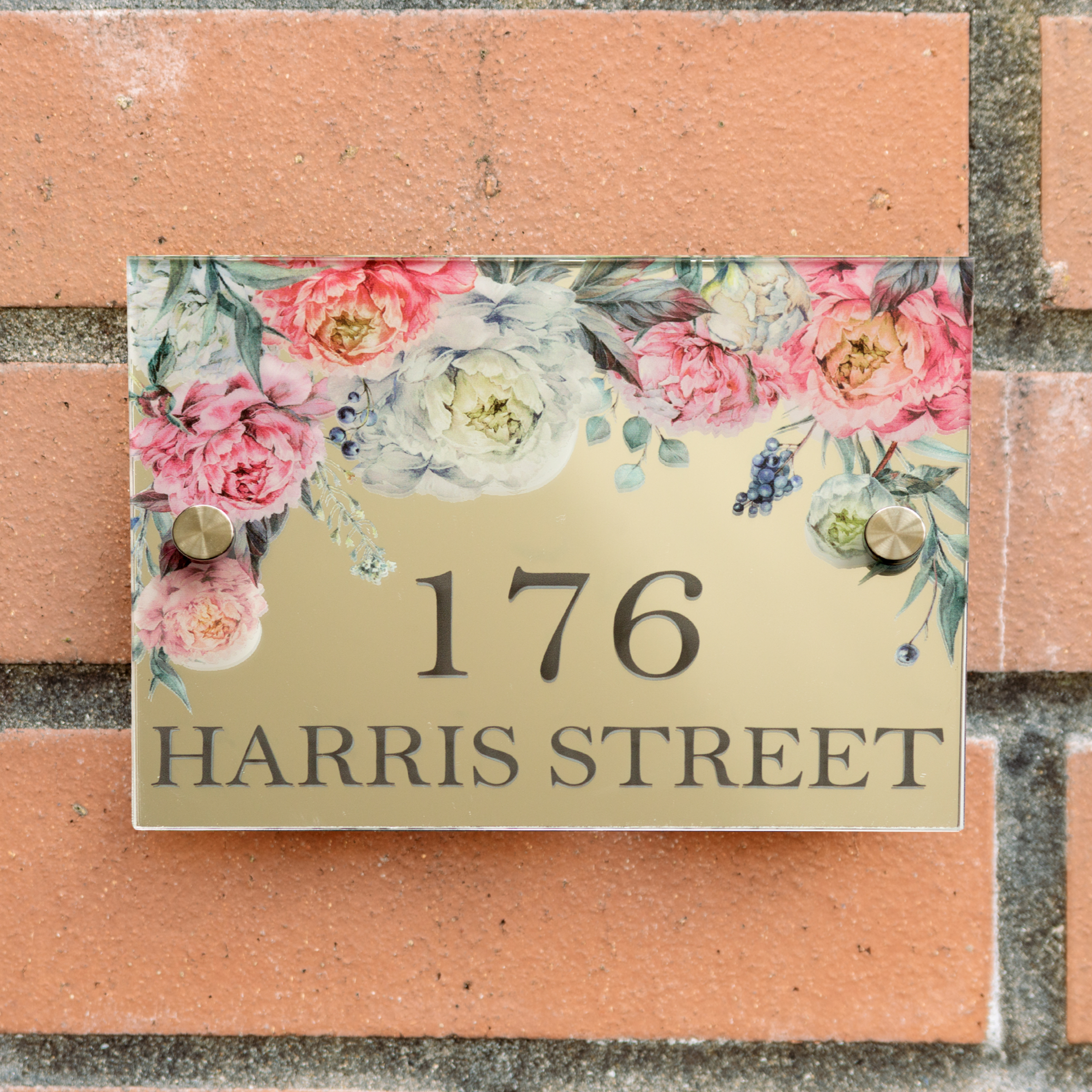 Personalised Mirrored Pink Peony House Door Number Sign