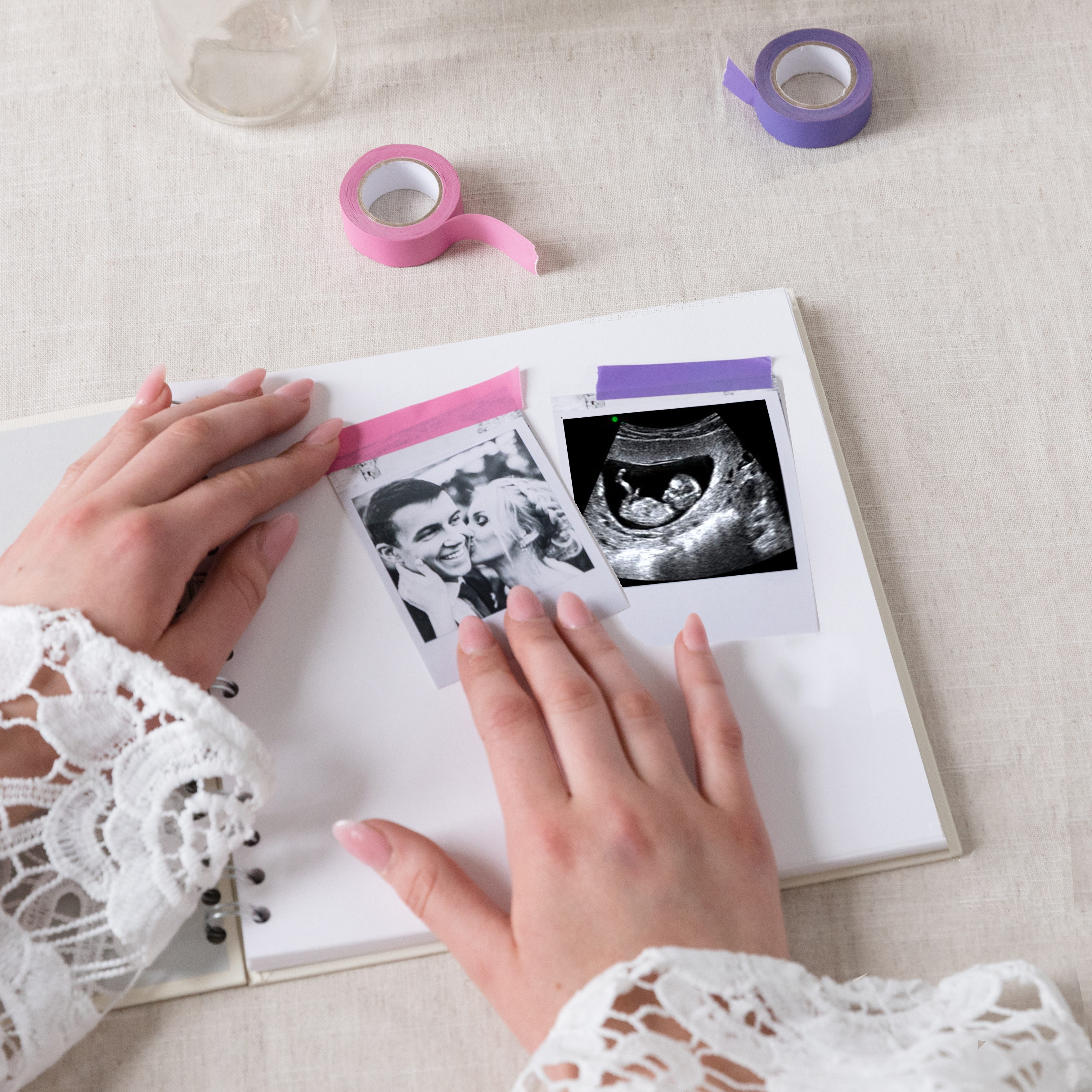 Square scrapbook with baby scan photo