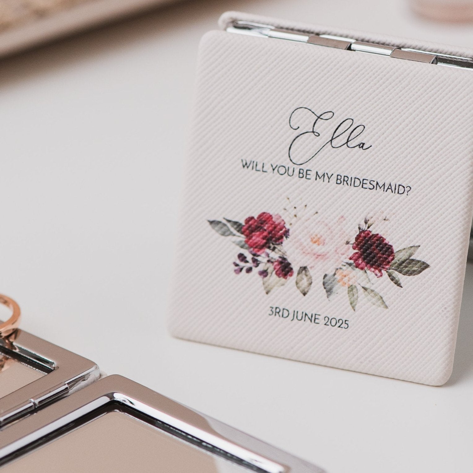 Personalised Burgundy Flowers Square Compact Mirror