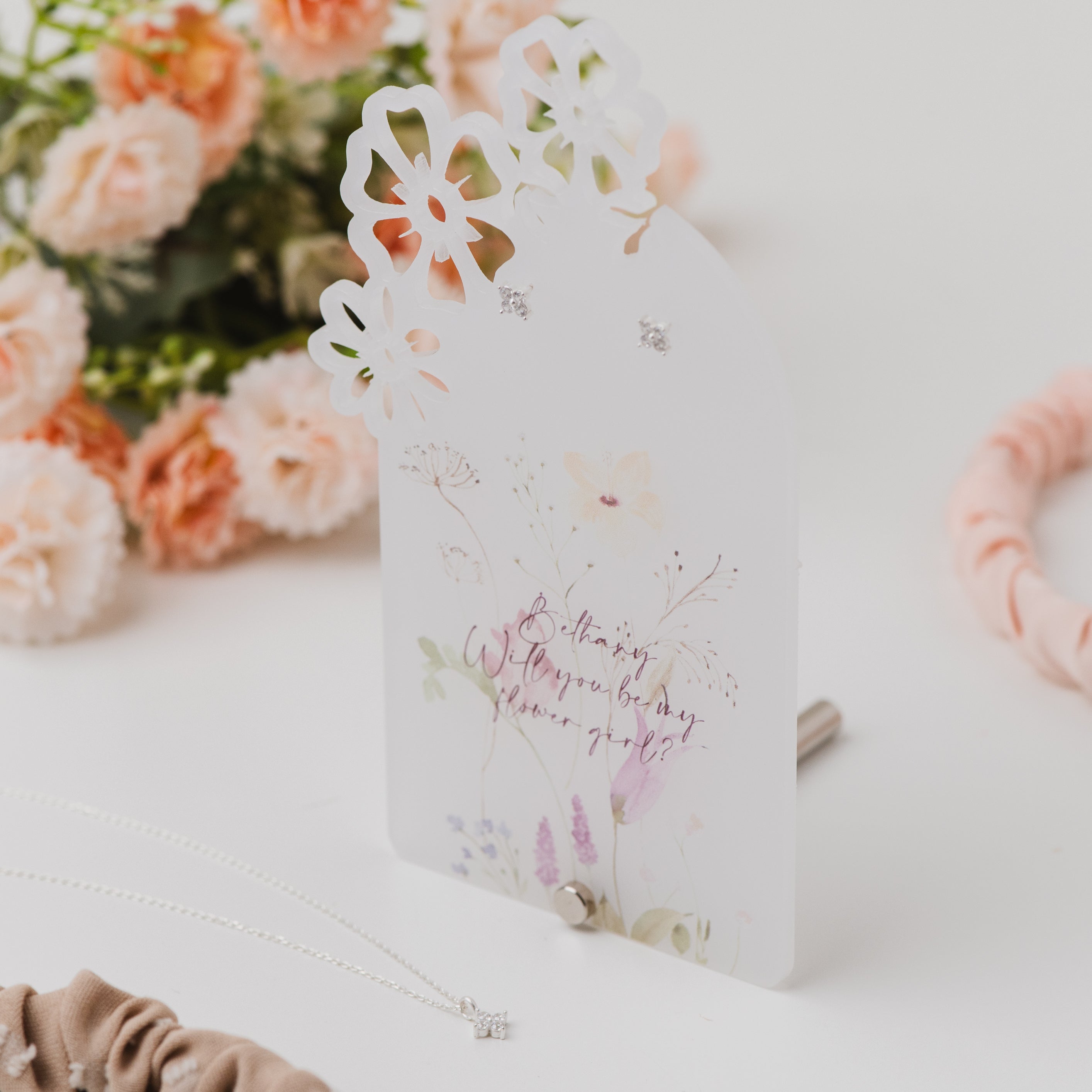 Personalised Flower Girl Jewellery Stand Necklace and Earrings Set