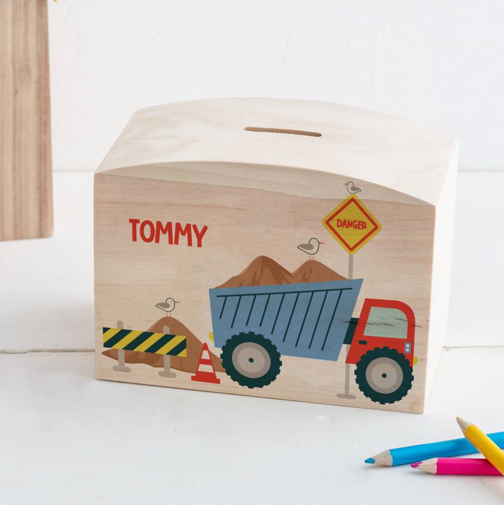 Personalised Blue Tipper Truck Wooden Money Pot