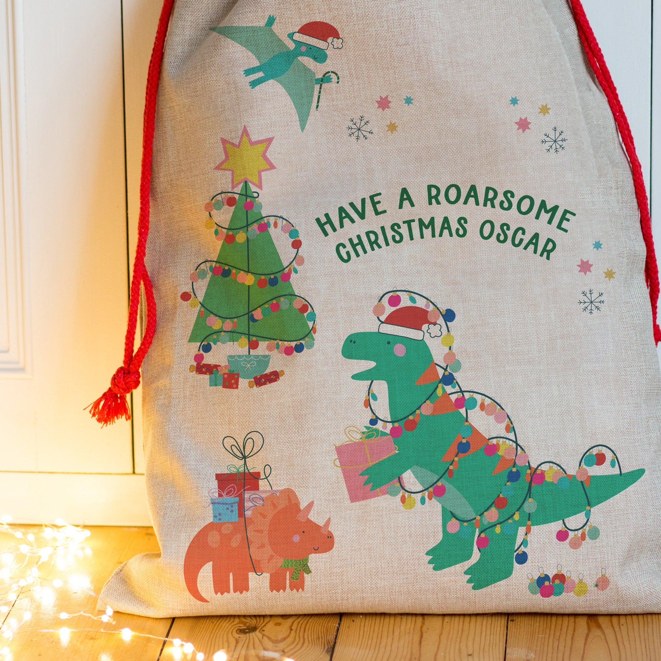 Personalised T-Rex Dinosaur And Friends Christmas Sack