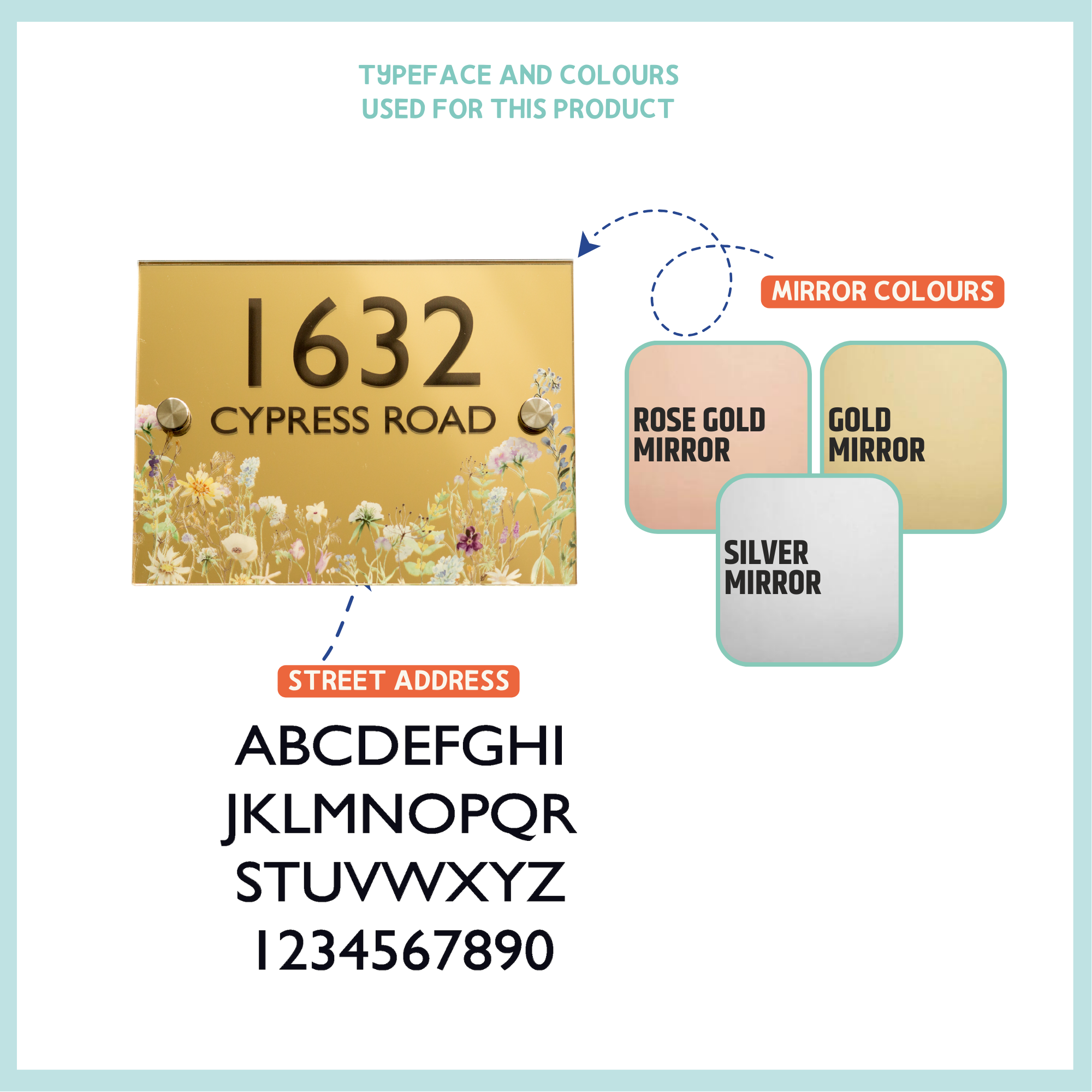 Personalised Mirrored Wild Flowers House Number Plaque
