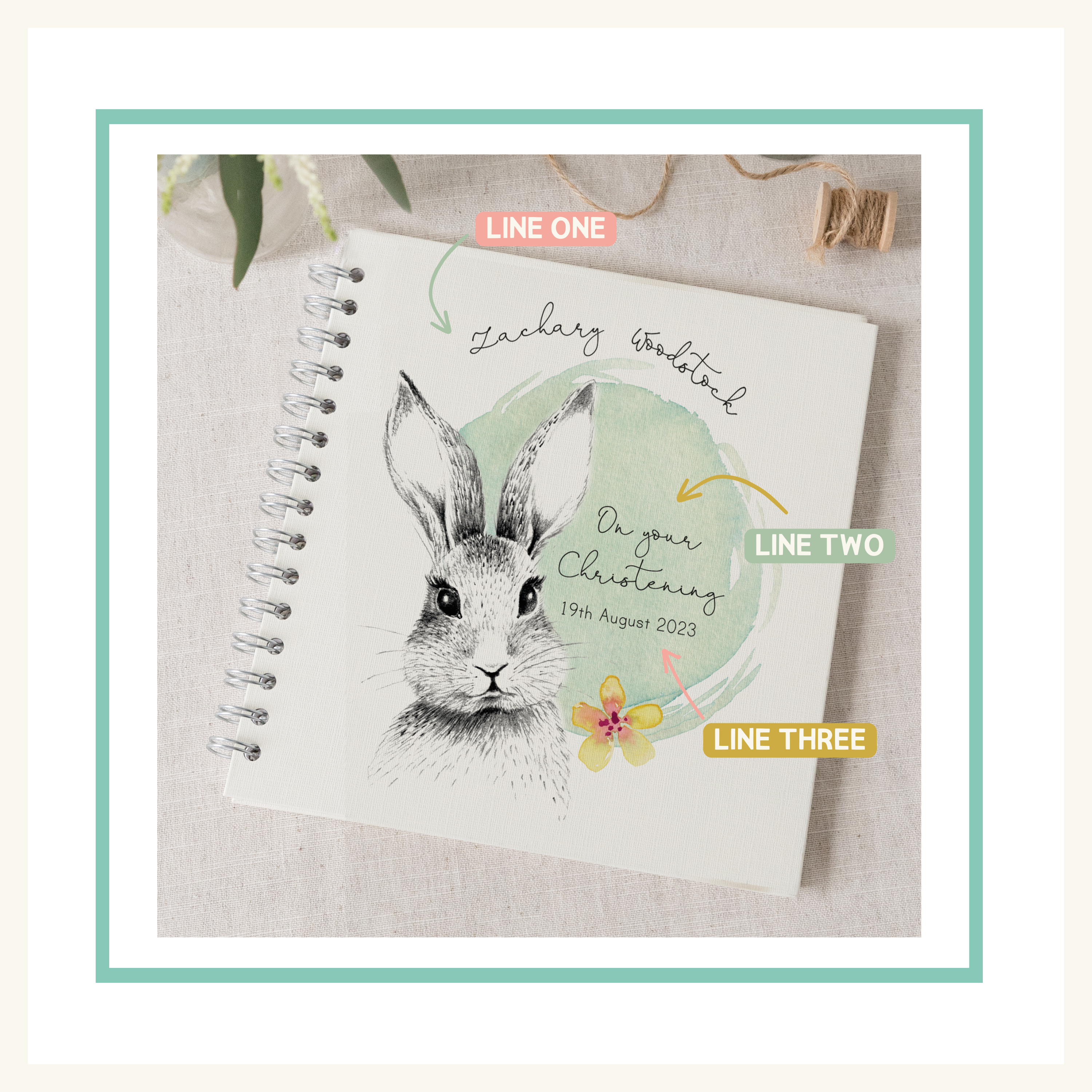 Bunny christening book personalisation format