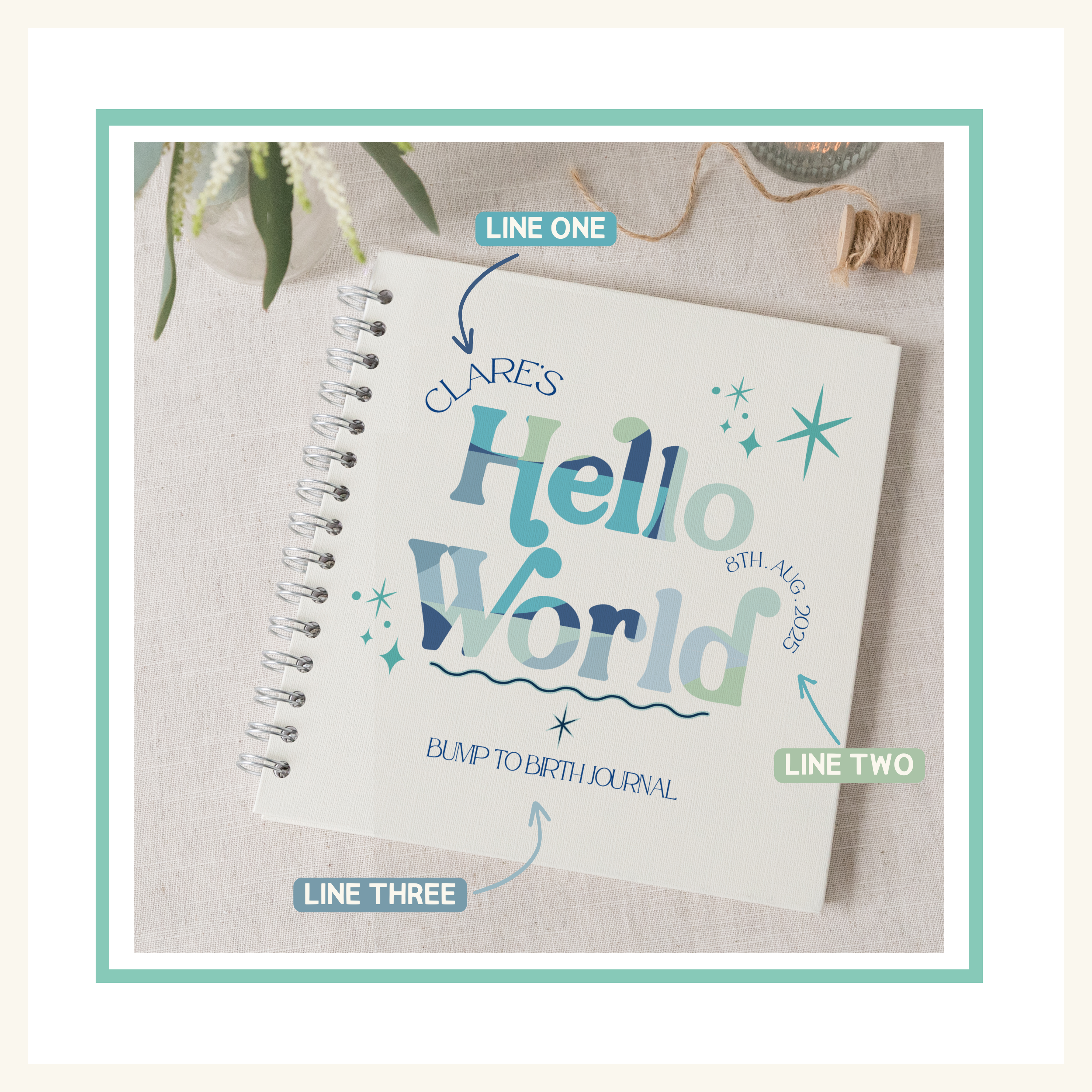 Hello world blue birth journal text options