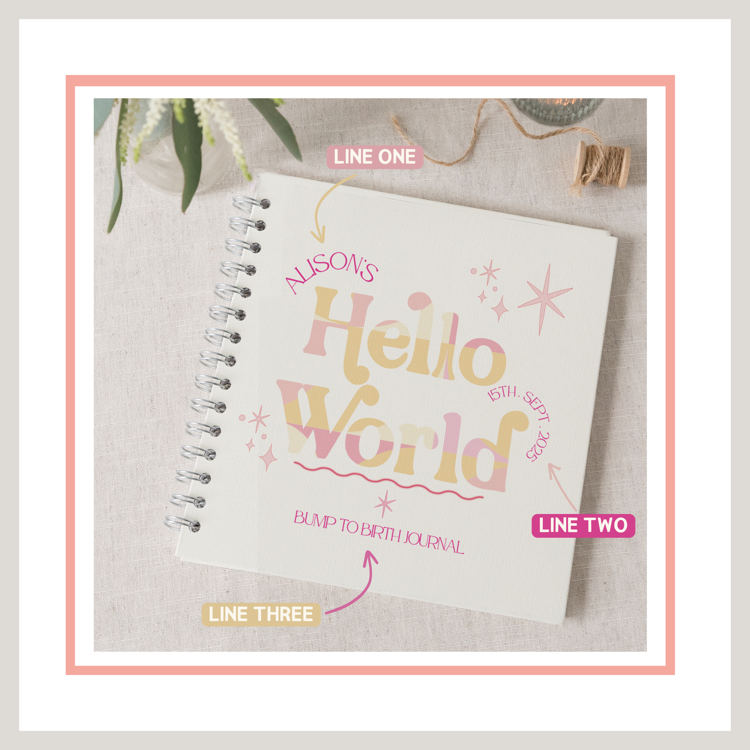 Hello world pink birth journal personalisation options