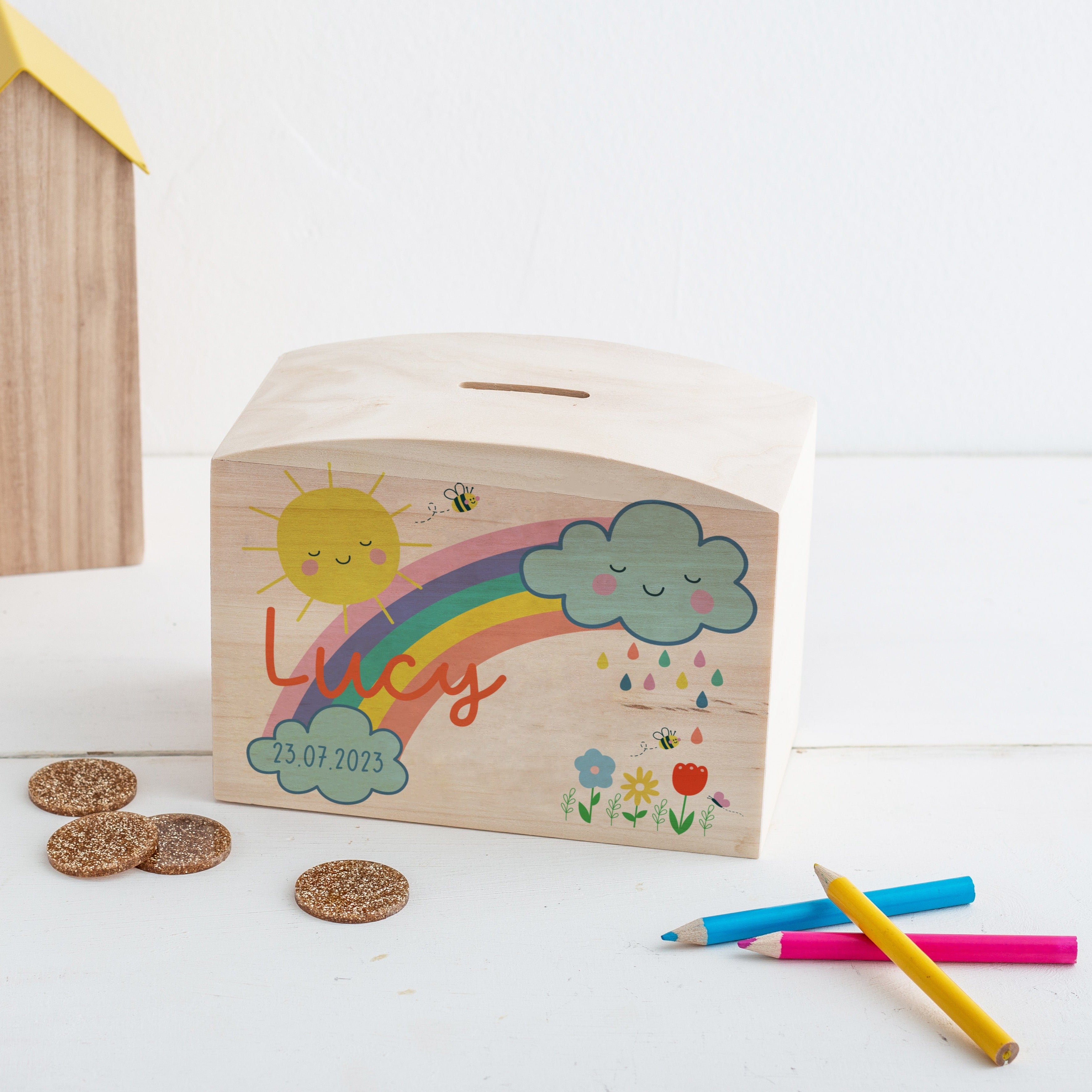 Personalised Rainbow And Clouds Money Pot