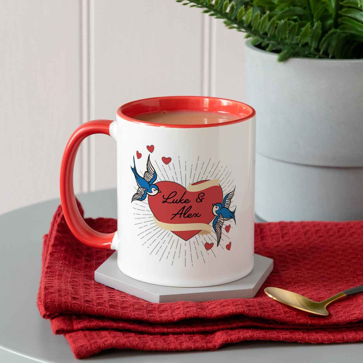 Swallow Love Birds Personalised Red Two Toned Mug