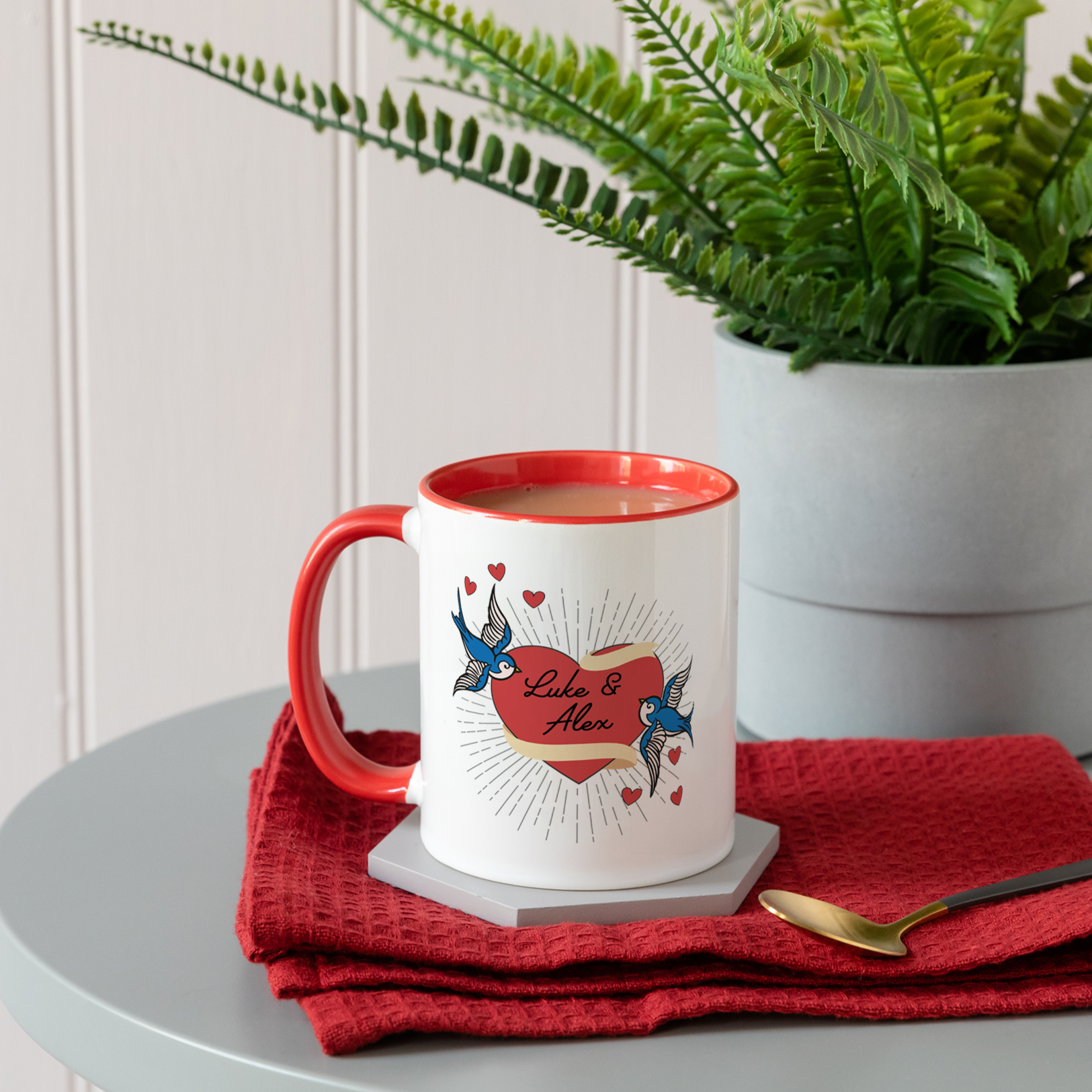 Swallow Love Birds Personalised Red Two Toned Mug
