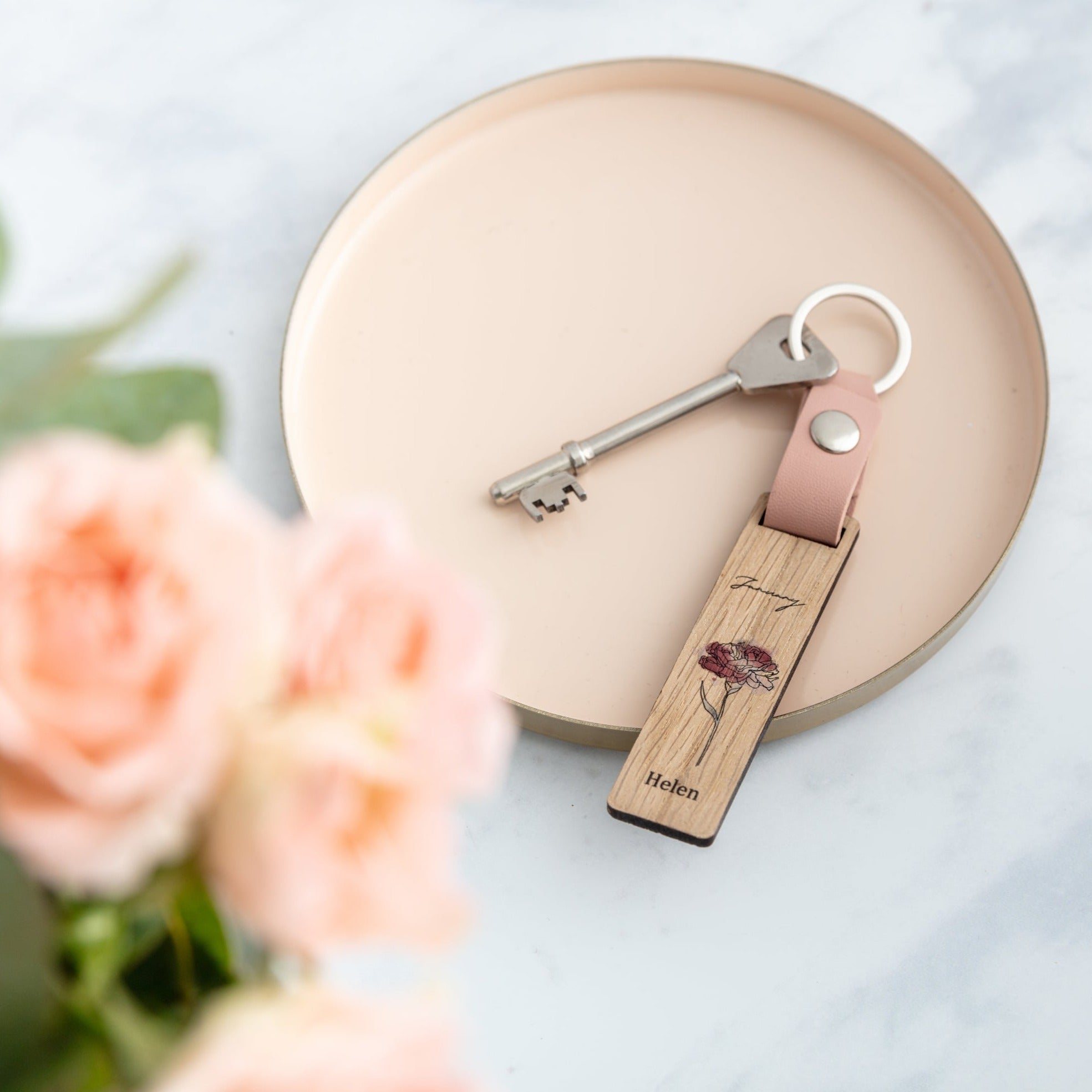 Flower Key Tags Personalised Birth Flower Oak Wood Tag Keyring – Gifting Knot