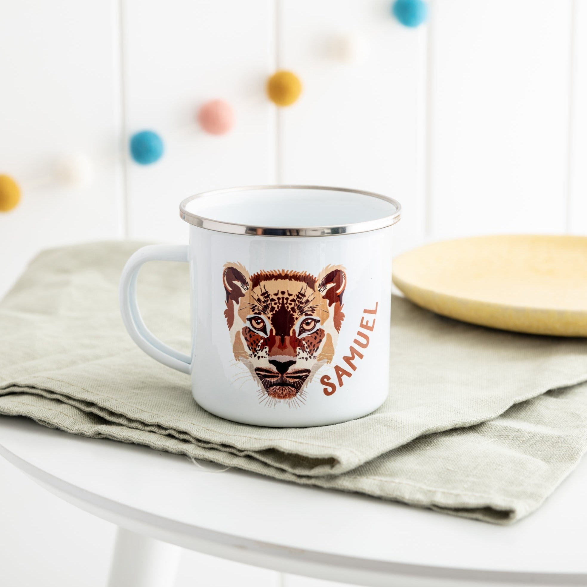 Personalised Children's Leopard Animal Face Enamel Mug