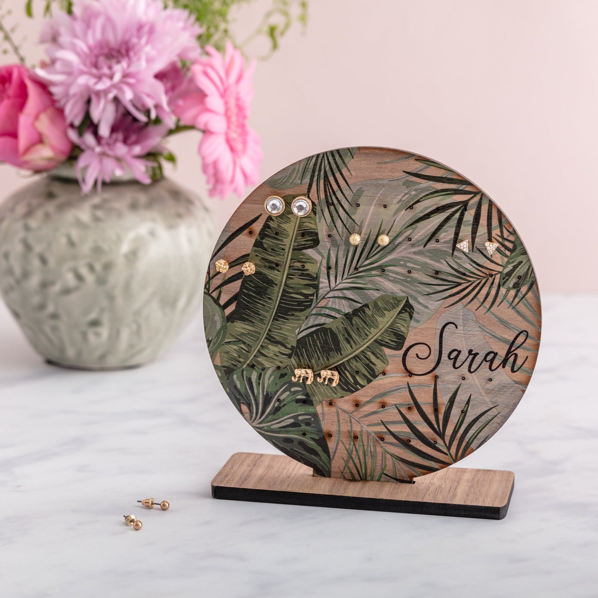 Personalised Round Walnut Wood Tropical Earring Stand