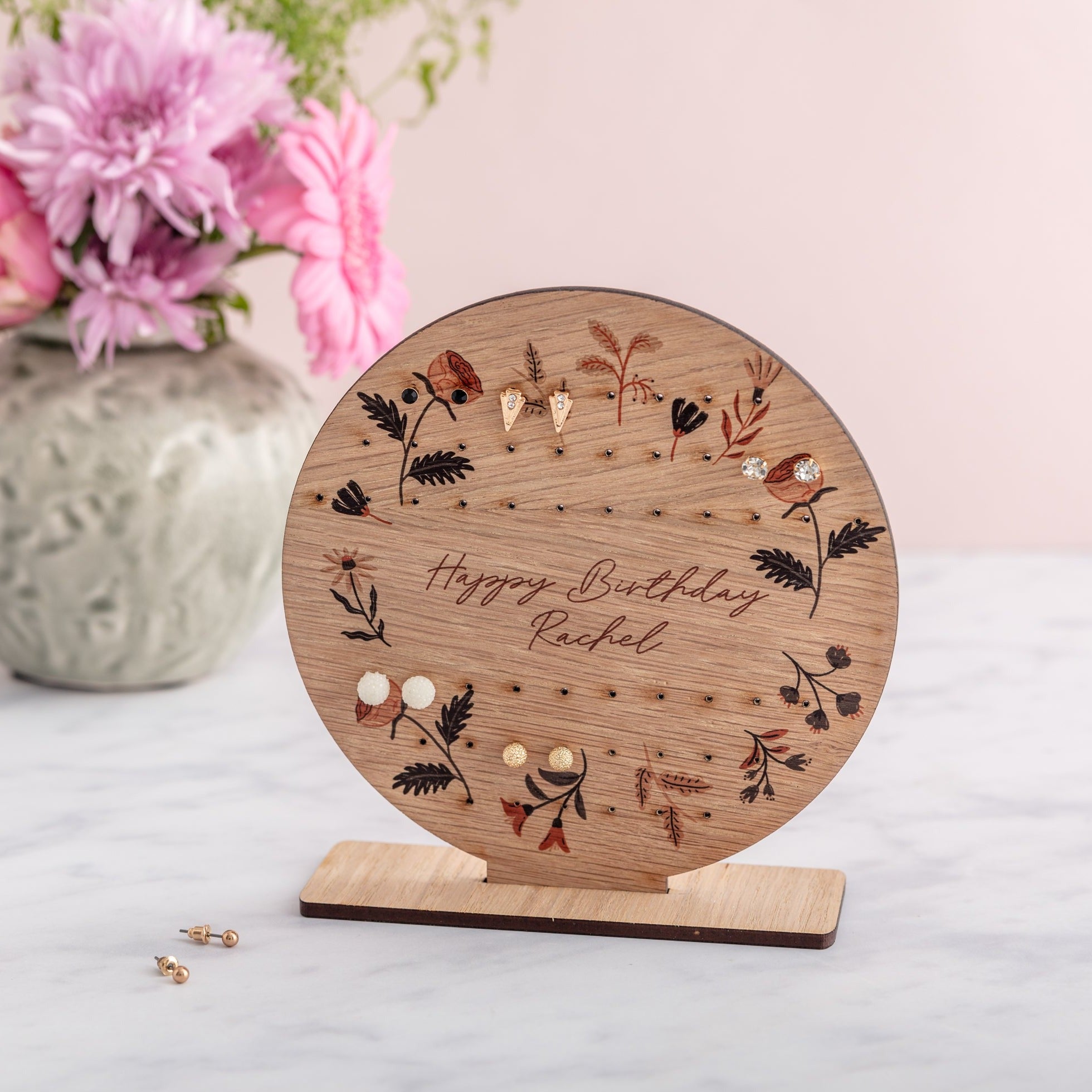 Personalised Round Wooden Floral Earring Storage Stand