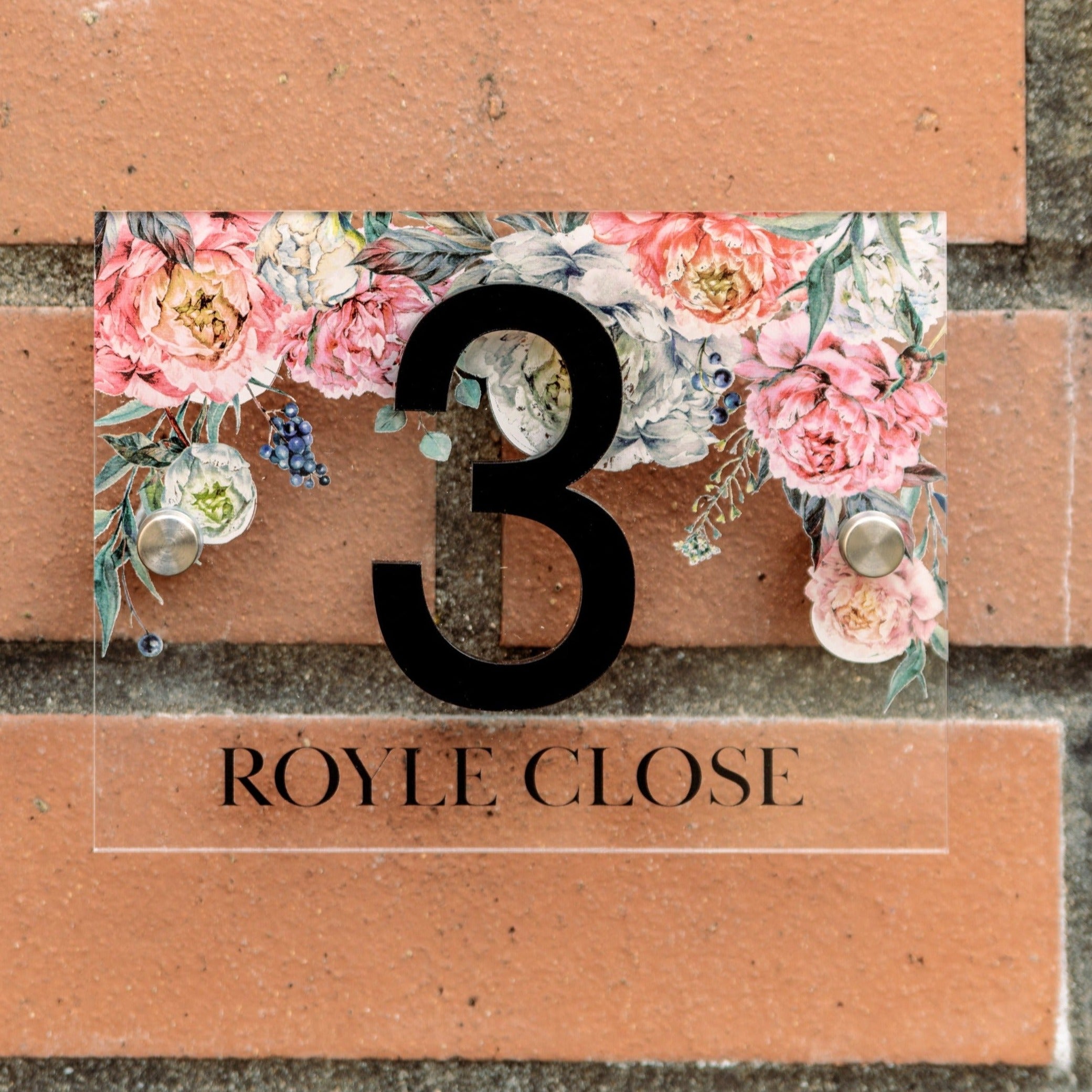 Personalised Acrylic Pink Peony House Door Number Sign